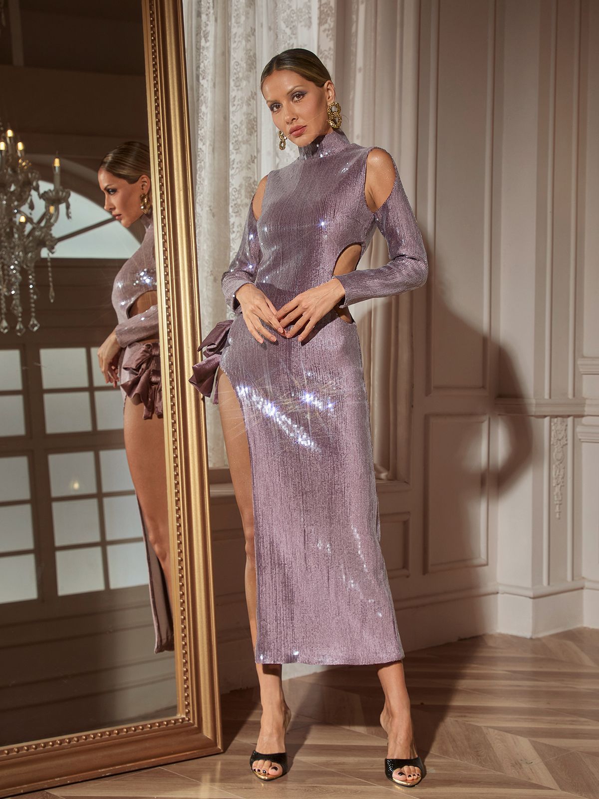 Seabi Long Sleeve Sequin Cutout Maxi Dress