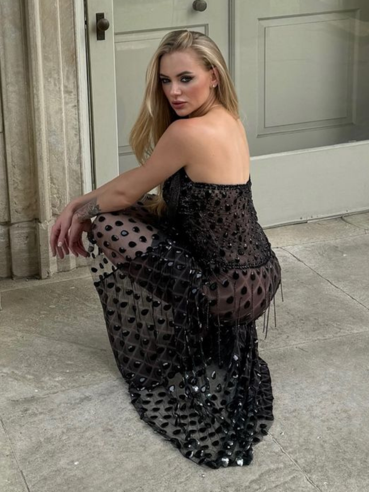 Seaol Strapless Rhinestone Fringe Mesh Dress