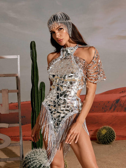 Seppe Sequin Fringe Cutout Mini Dress