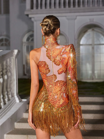 Shatora One Shoulder Rhinestone Fringe Bodysuit In Orange