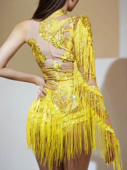 Shatora One Shoulder Rhinestone Fringe Bodysuit In Yellow
