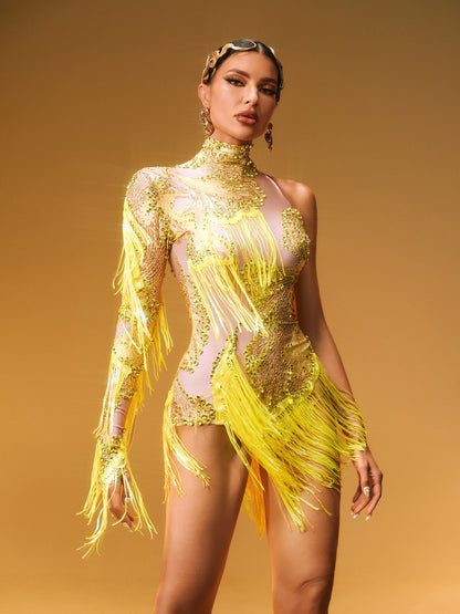 Shatora One Shoulder Rhinestone Fringe Bodysuit In Yellow