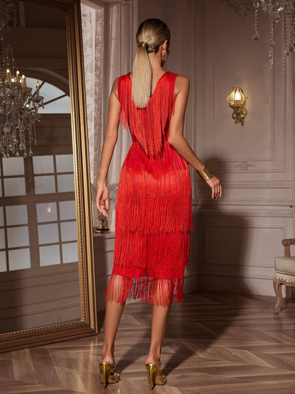 Sheadon V Neck Fringe Midi Dress