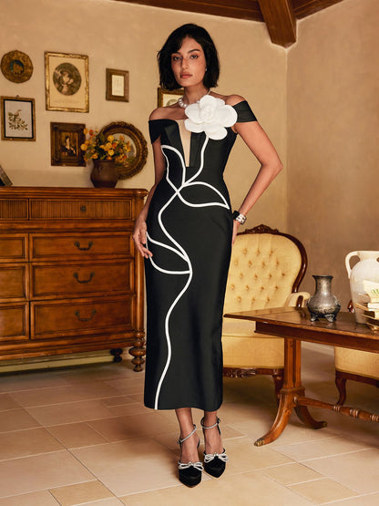 Shegar Off Sleeve Flower Bandage Mini Dress