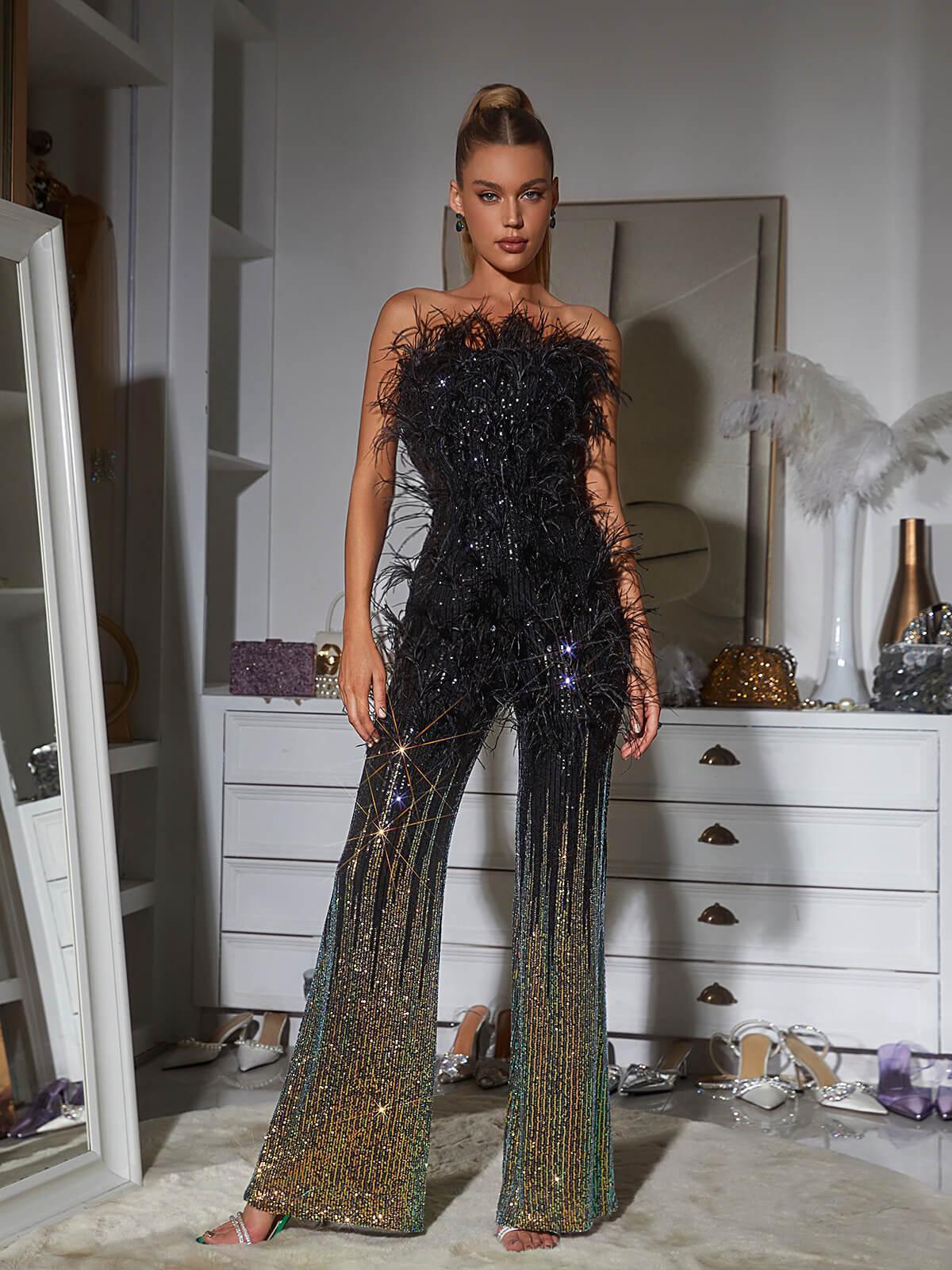 Shiva Ombre Feather Sequin Jumpsuit