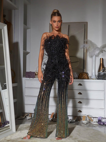 Shiva Ombre Feather Sequin Jumpsuit