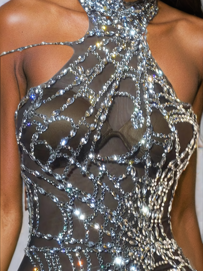 Siesen Cutout Cobweb Rhinestone Mesh Jumpsuit In Black