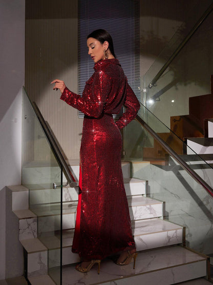 Solstice Sequin Button Shirt Split Skirt Set In Red