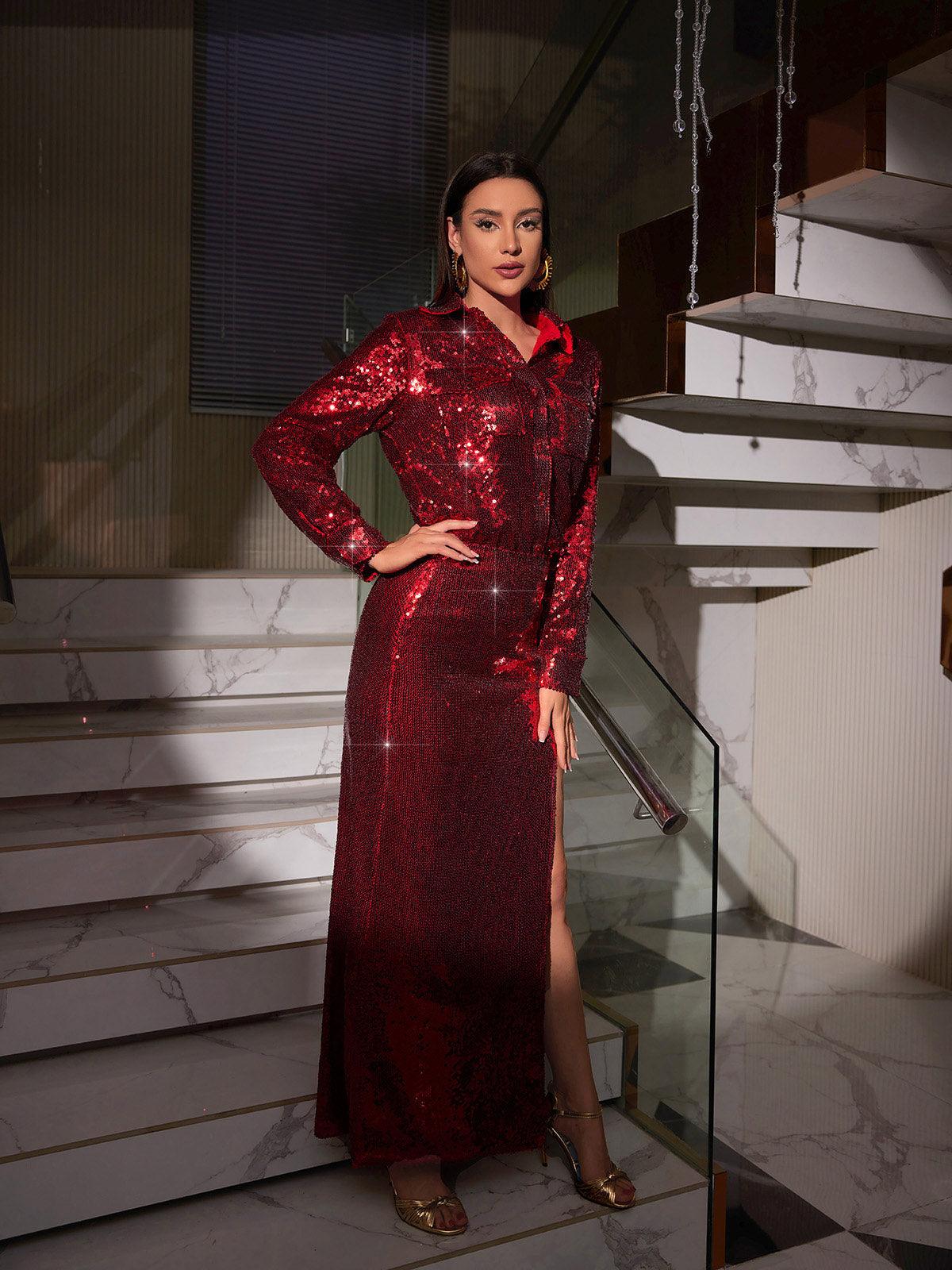 Solstice Sequin Button Shirt Split Skirt Set In Red