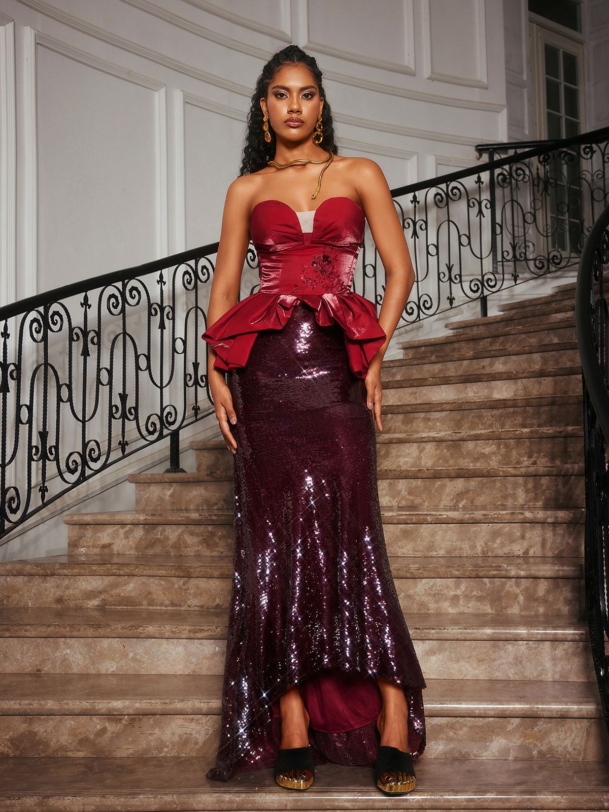 Soni Strapless Floral Sequin Maxi Dress