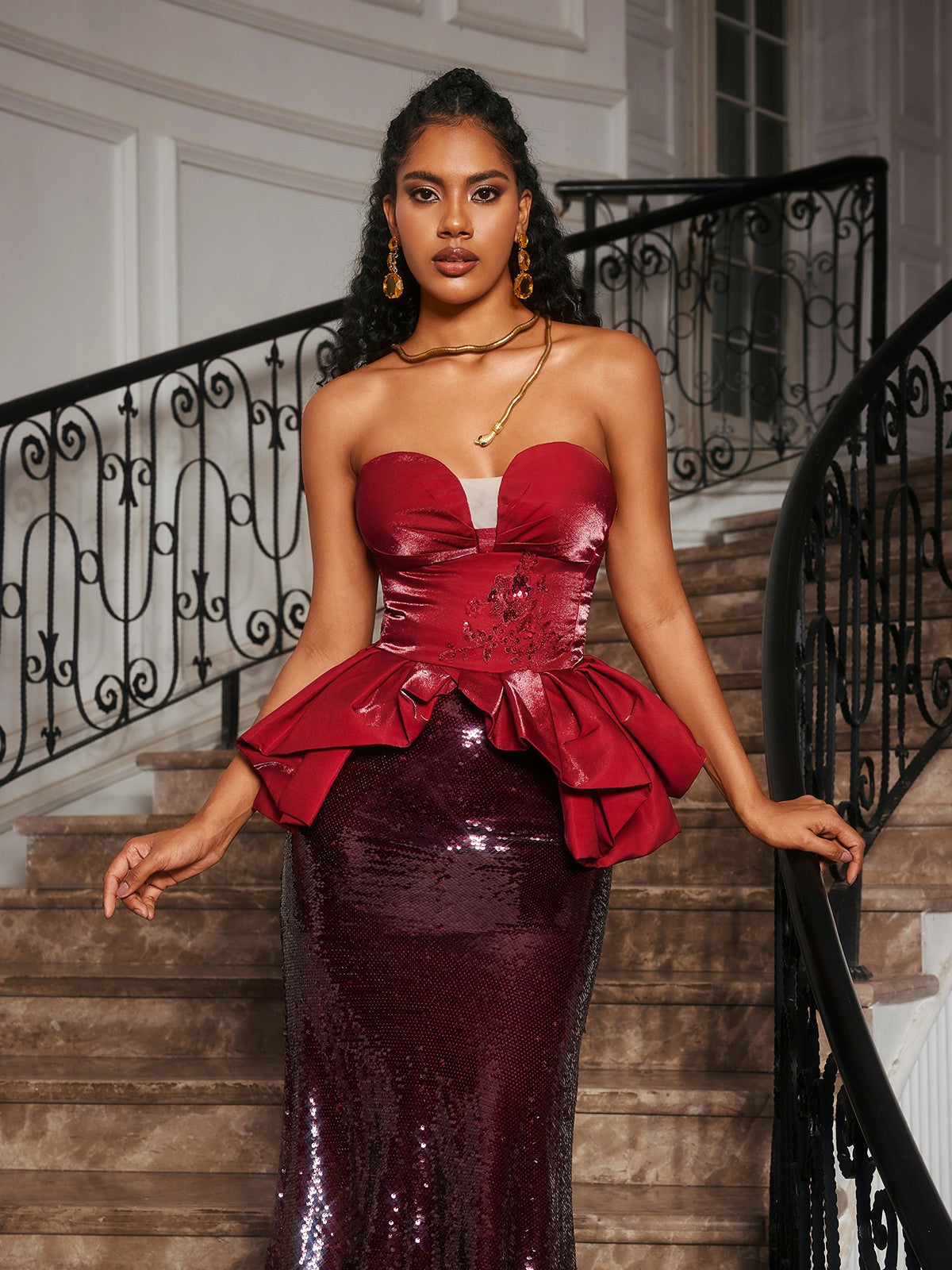 Soni Strapless Floral Sequin Maxi Dress