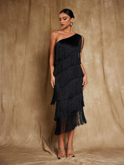 Stiorra One Shoulder Fringe Midi Dress