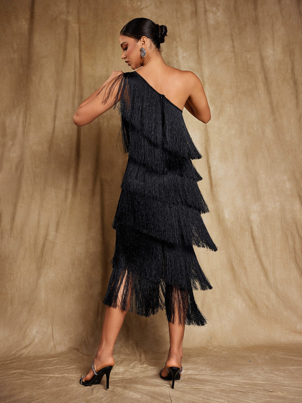 Stiorra One Shoulder Fringe Midi Dress