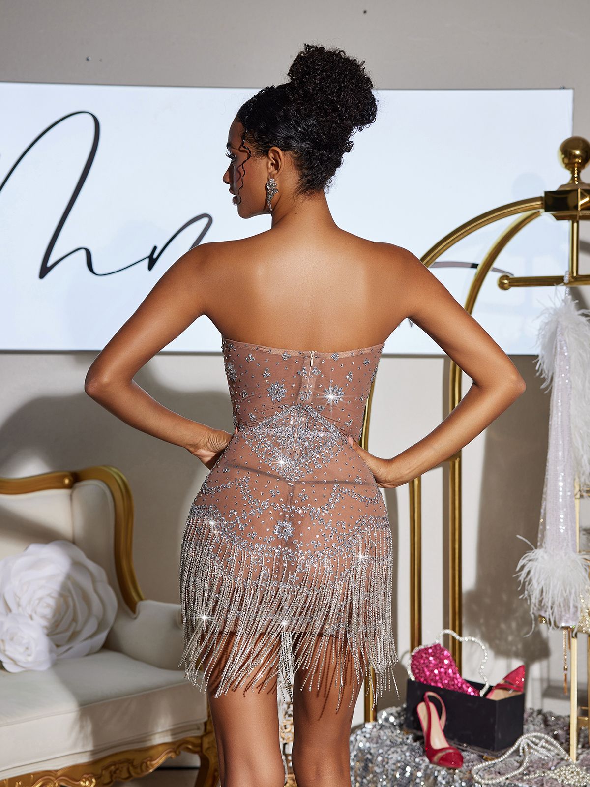 Stragaz Strapless Crystal Chain Fringe Mini Dress