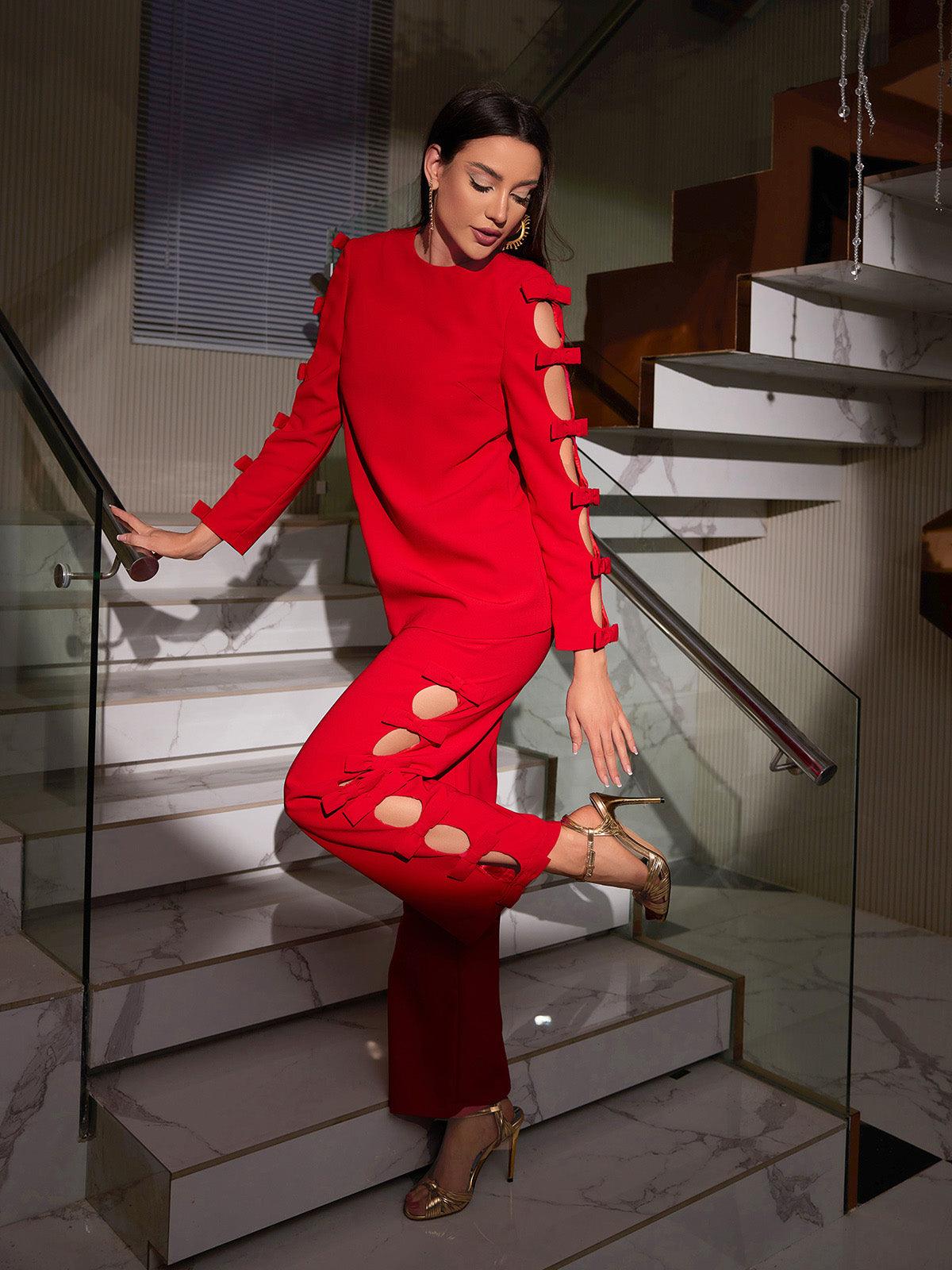 Sunni Long Sleeve Bow Cutout Pants Set