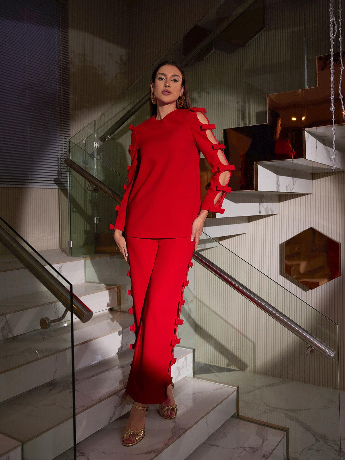 Sunni Long Sleeve Bow Cutout Pants Set