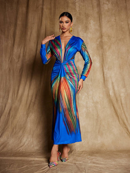 Suzanne V Neck Printed Satin Midi Dress