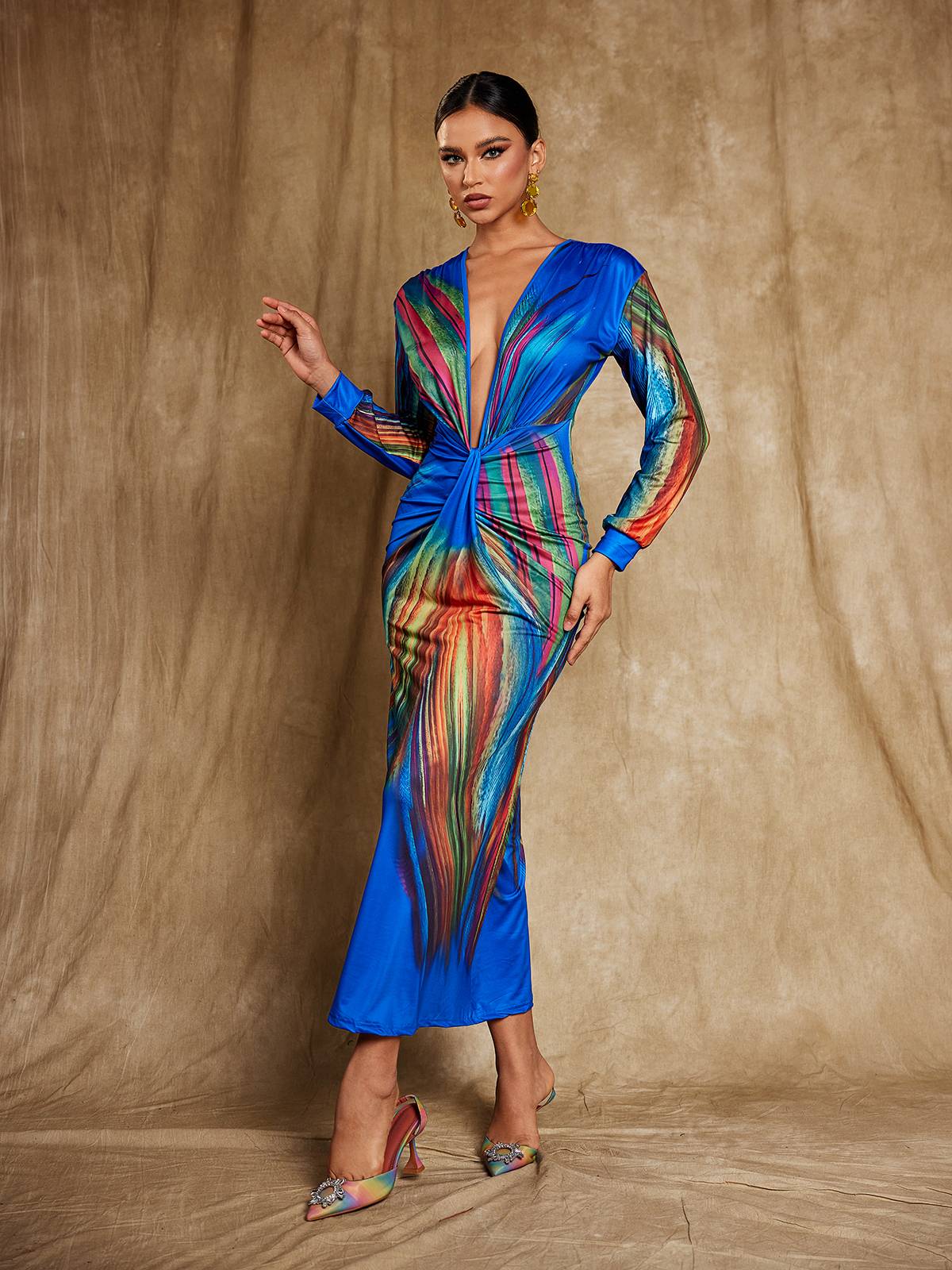 Suzanne V Neck Printed Satin Midi Dress