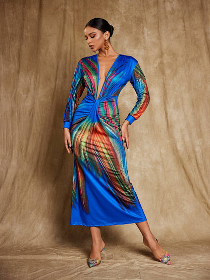 Suzanne V Neck Printed Satin Midi Dress