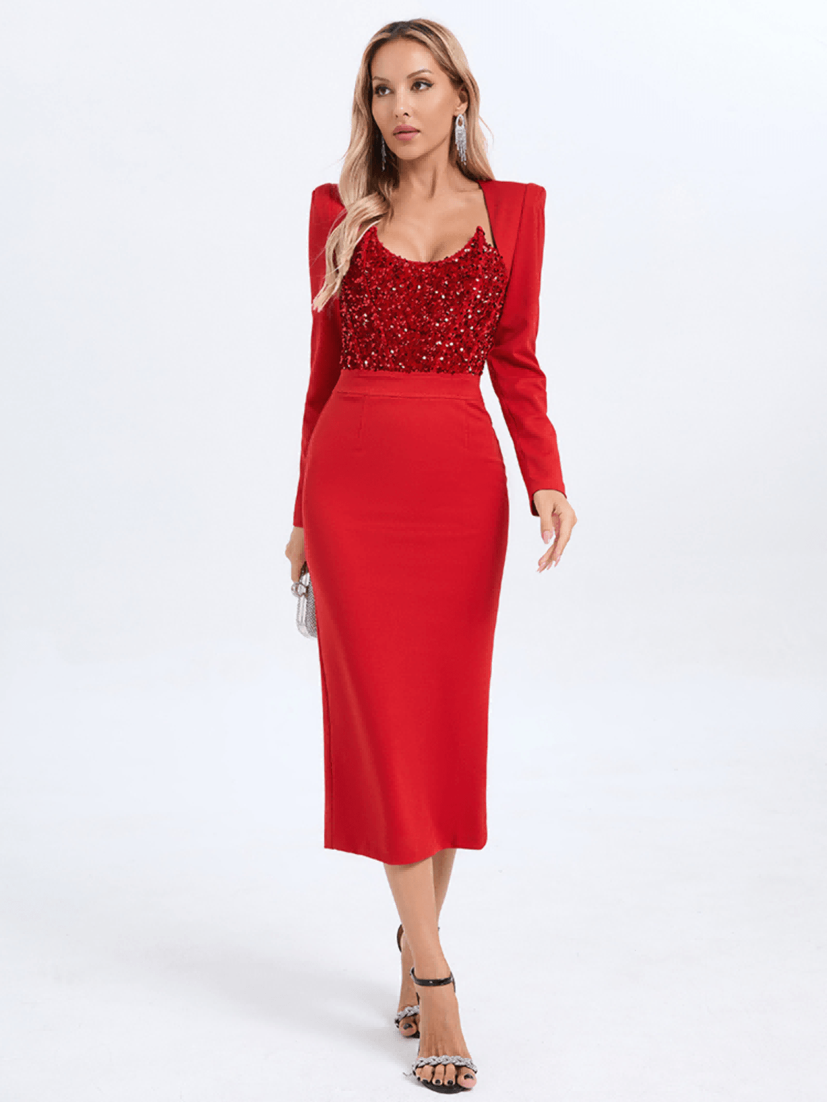 Sweetie Long Sleeve Sequin Midi Dress In Red