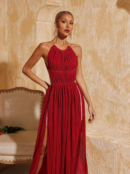 Tahlia Backless Glitter Ruched Maxi Dress