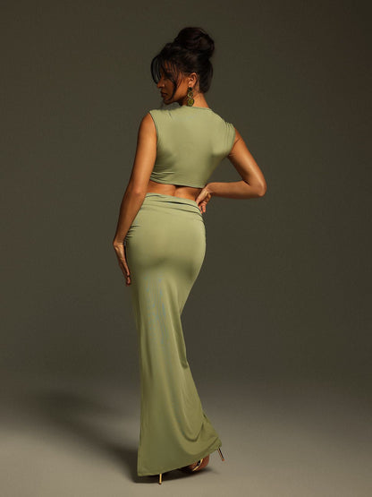 Taralynn Ruffle Ruched Skirt Set In Green