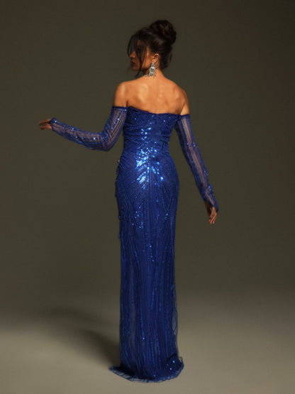 Tavorian Off Shoulder Sequin Split Maxi Dress