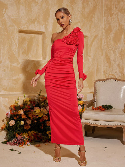 Taylin One Shoulder Flower Ruched Midi Dress