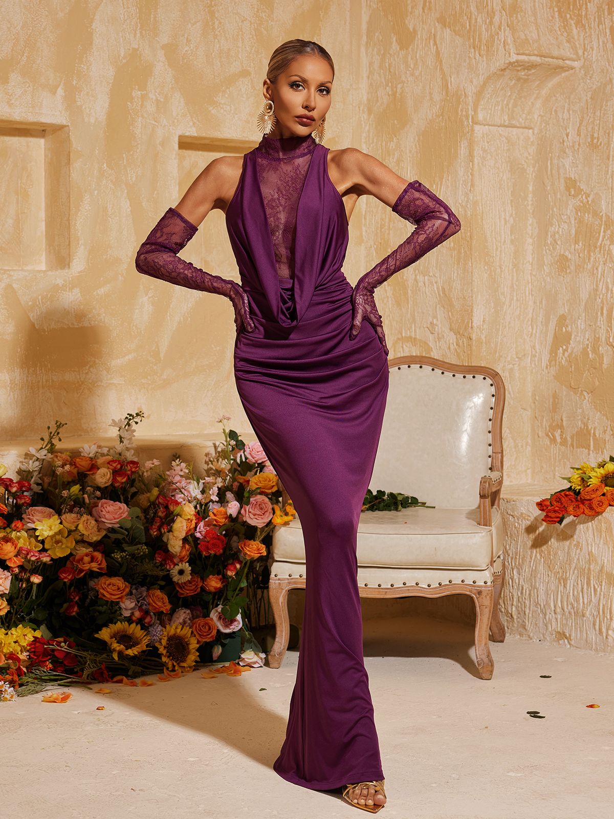 Tenley Halterneck Lace Maxi Dress With Gloves