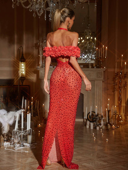 Terance Halterneck Flower Rhinestone Maxi Dress In Red