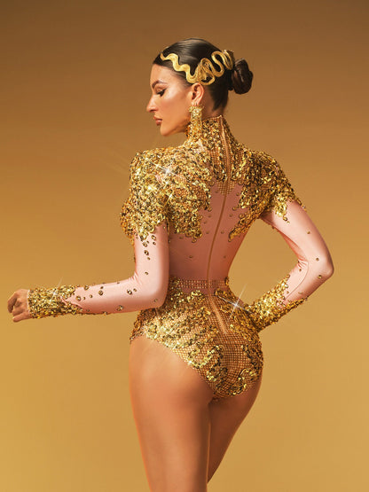 Thalorian High Neck Sequin Bodysuit In Gold