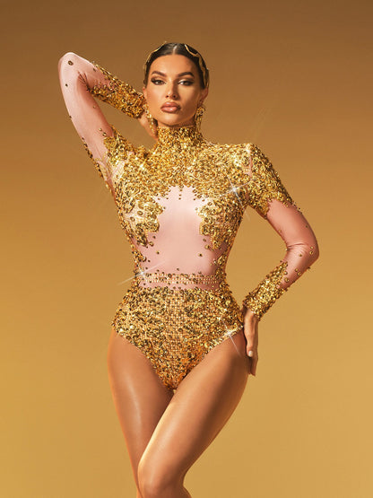 Thalorian High Neck Sequin Bodysuit In Gold