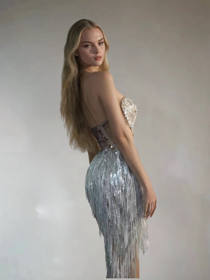 Thalorin Rhinestone Fringe Skirt Set