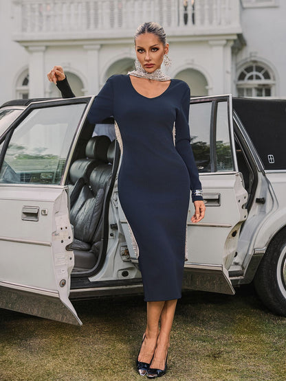 Thalyss Backless Pearl Bandage Midi Dress