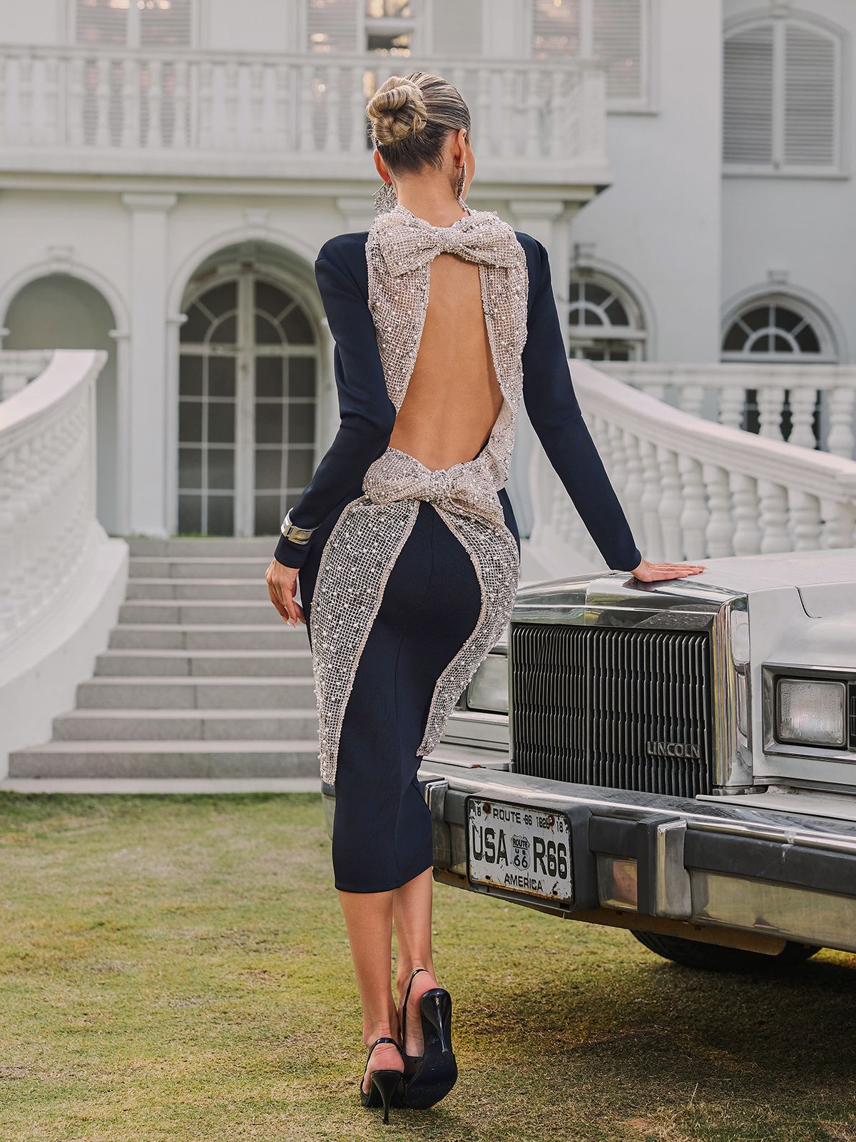 Thalyss Backless Pearl Bandage Midi Dress