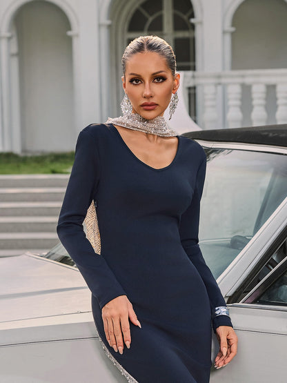 Thalyss Backless Pearl Bandage Midi Dress