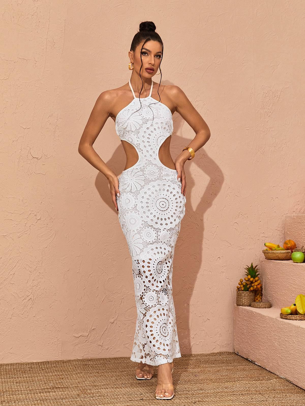Thea Halterneck Cutout Lace Maxi Dress