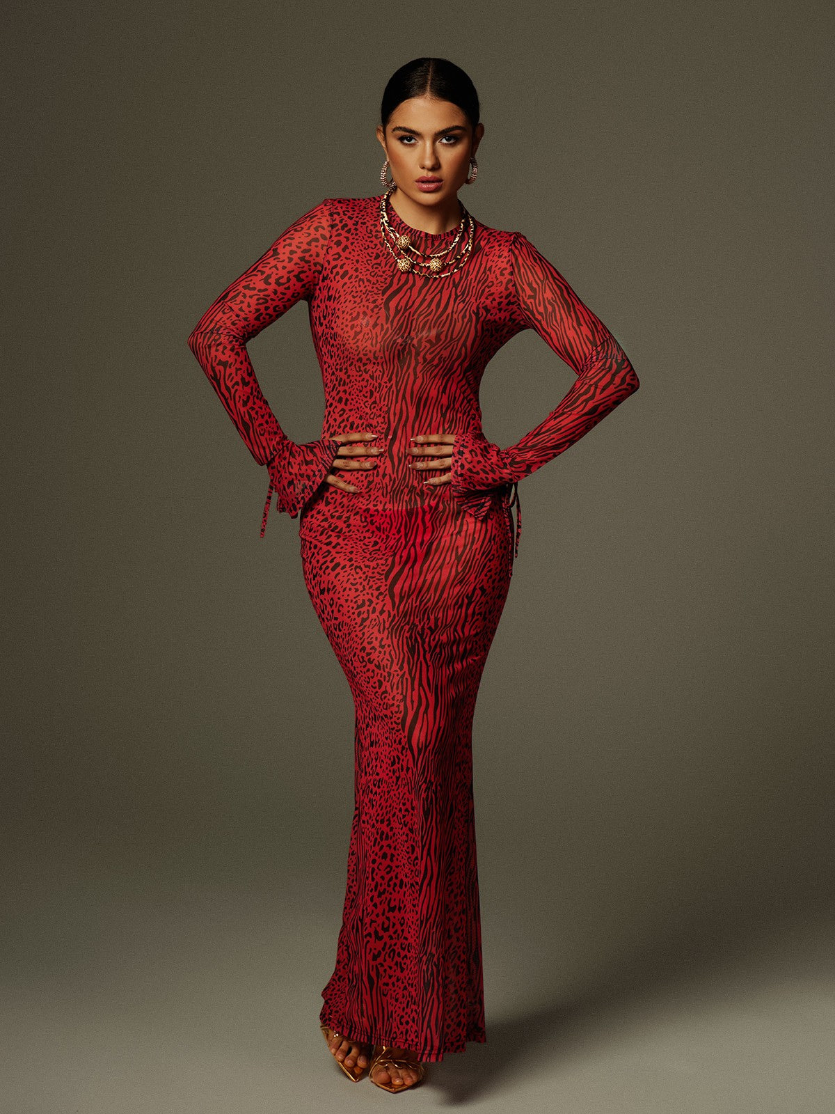 Theophilus Long Sleeve Backless Leopard Maxi Dress