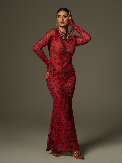 Theophilus Long Sleeve Backless Leopard Maxi Dress