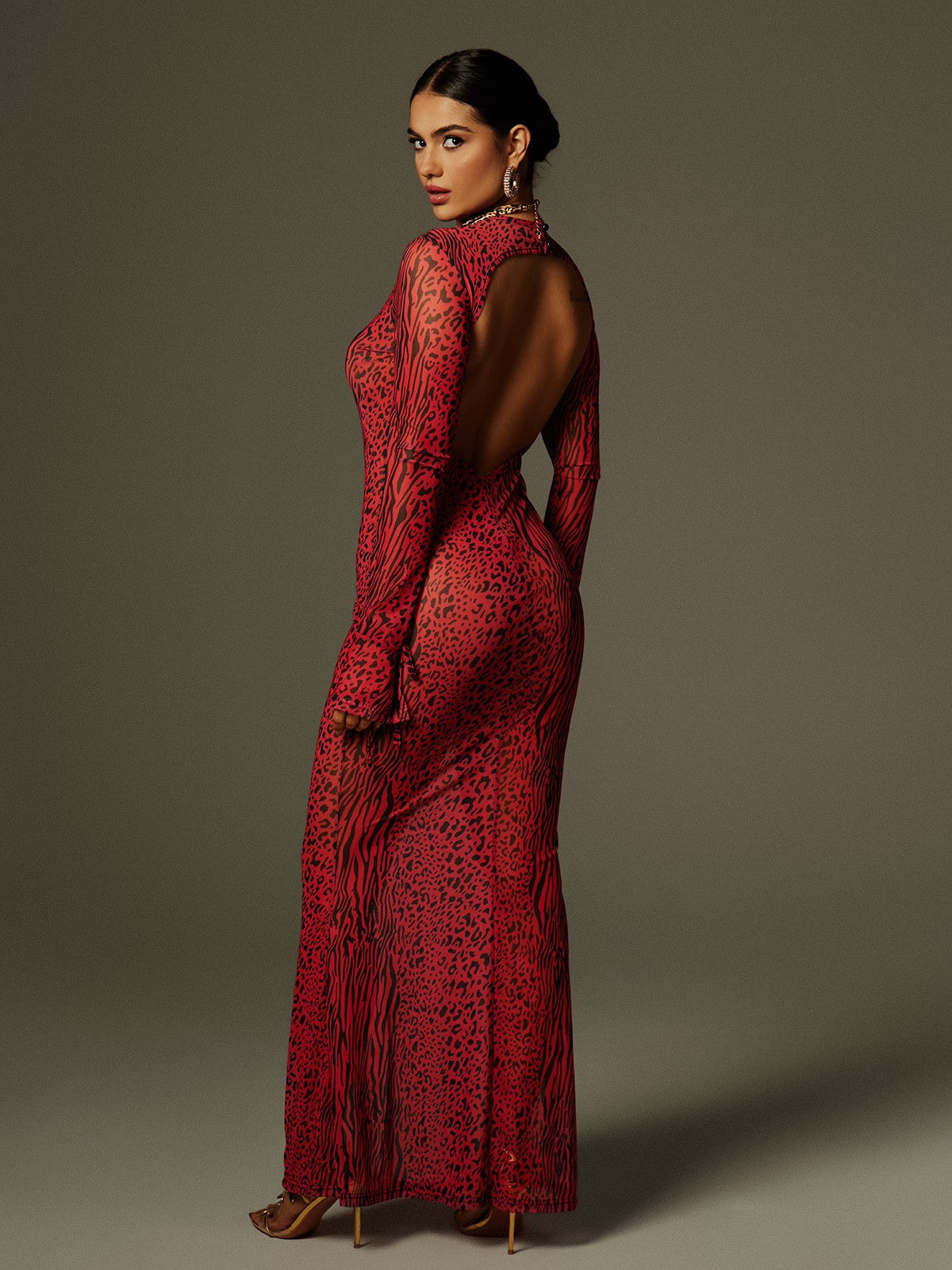 Theophilus Long Sleeve Backless Leopard Maxi Dress