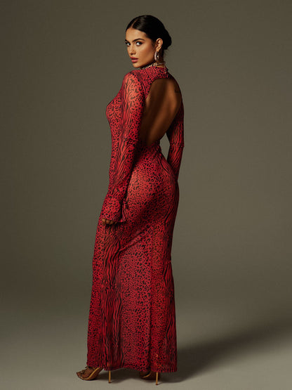 Theophilus Long Sleeve Backless Leopard Maxi Dress