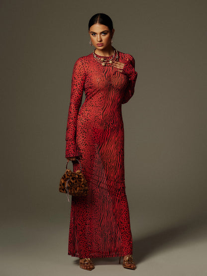Theophilus Long Sleeve Backless Leopard Maxi Dress