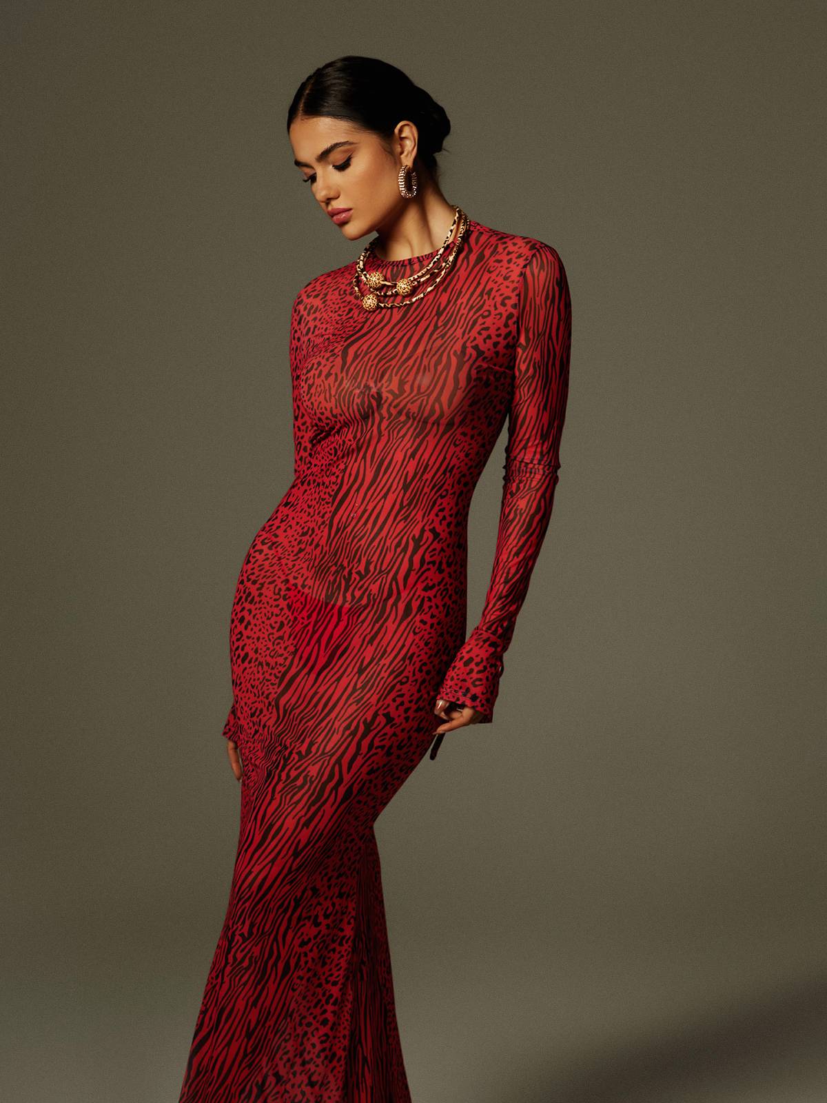 Theophilus Long Sleeve Backless Leopard Maxi Dress