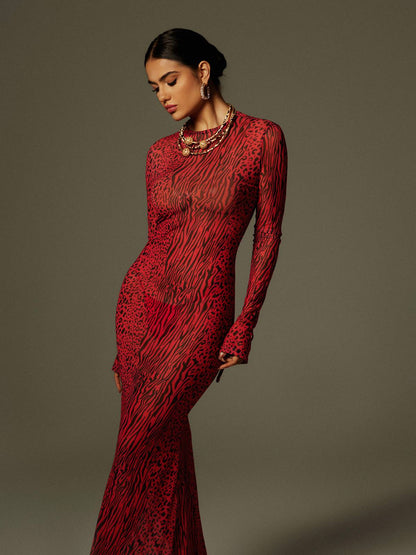 Theophilus Long Sleeve Backless Leopard Maxi Dress