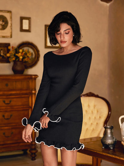 Tionne Long Sleeve Ruffle Knitted Mini Dress In Black