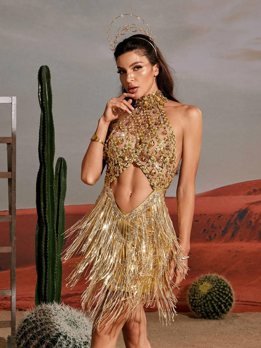 Tobin Sequin Fringe Metallic Dress In Gold