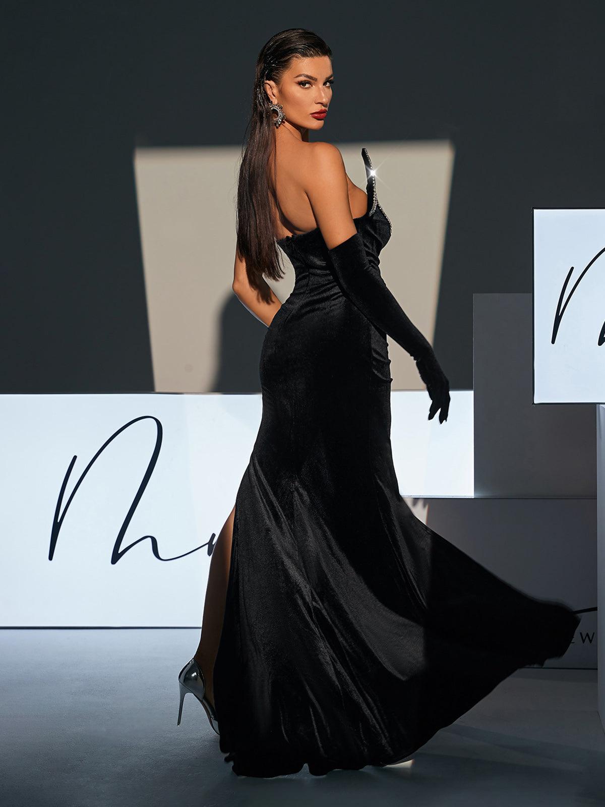 Torin Strapless Wave Crystal Velvet Maxi Dress