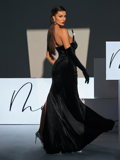 Torin Strapless Wave Crystal Velvet Maxi Dress