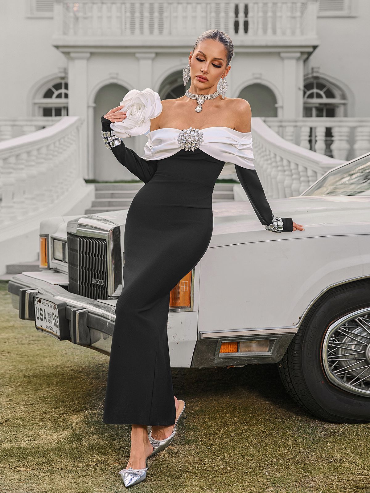 Uvandra Off Shoulder Crystal Bandage Maxi Dress