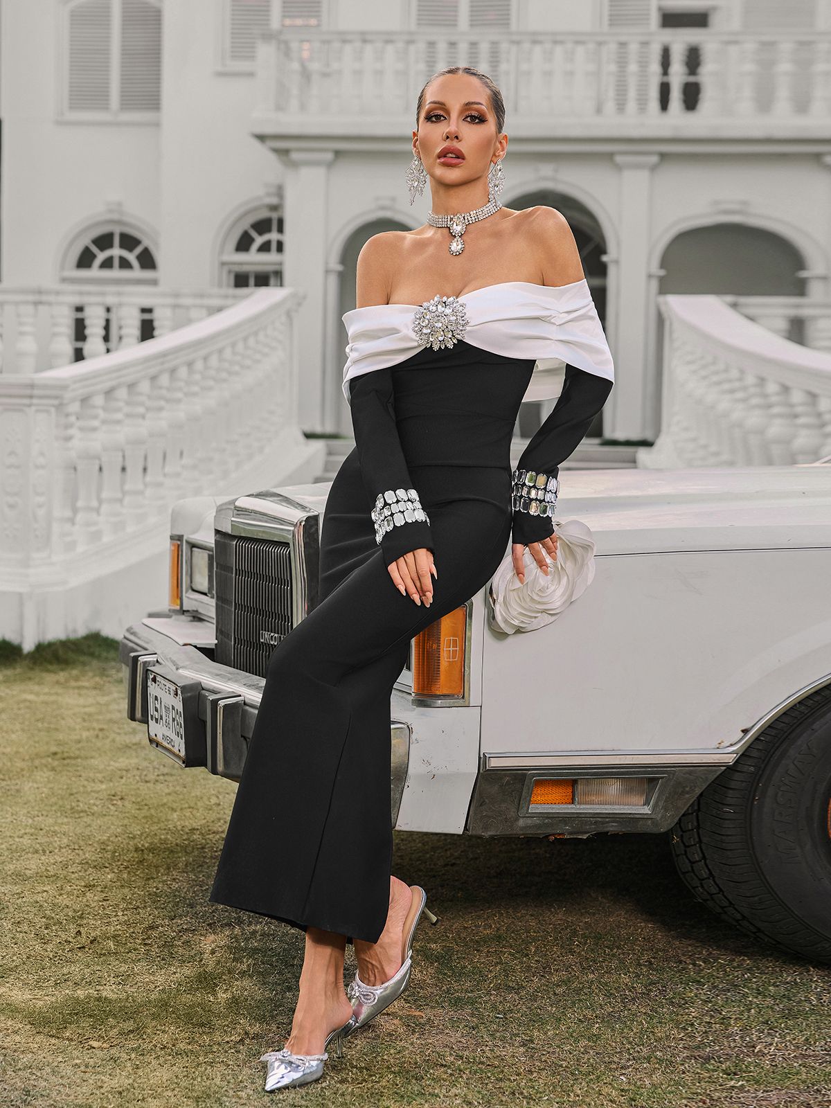 Uvandra Off Shoulder Crystal Bandage Maxi Dress